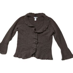 Jillian Jones Wool Blend Woman Brown Cardigan Ruffle Trim Button Front Sz X EUC